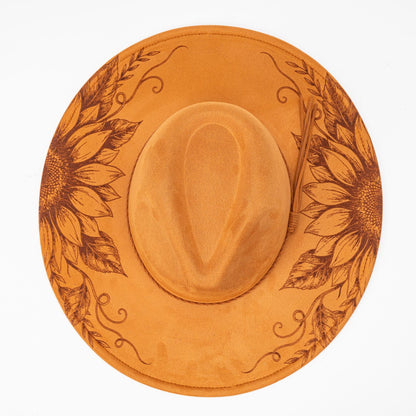 SUPERVALUECHOICE HCSEK00007 Vintage Sunflower Laser Engraved Suede Fedora Hat, Wide Brim Western Cowboy Knight Hat for Travel & Outdoor Photoshoot