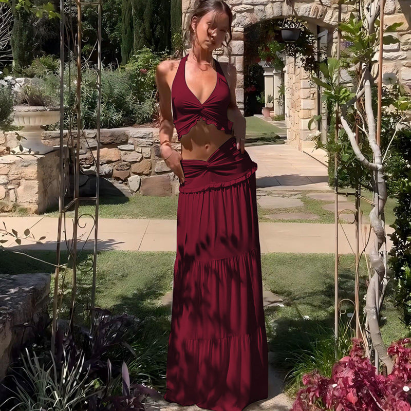 SUPERVALUECHOICE HCSEAA00005 Halter Neck Crop Top & Tiered Maxi Skirt Two-Piece Set