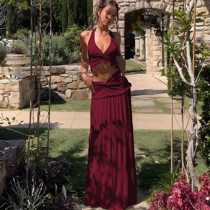 SUPERVALUECHOICE HCSEAA00005 Halter Neck Crop Top & Tiered Maxi Skirt Two-Piece Set
