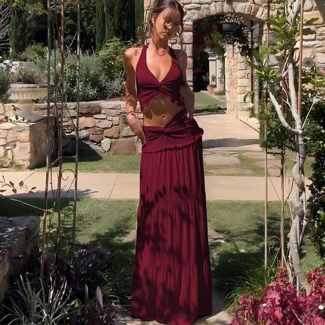 SUPERVALUECHOICE HCSEAA00005 Halter Neck Crop Top & Tiered Maxi Skirt Two-Piece Set