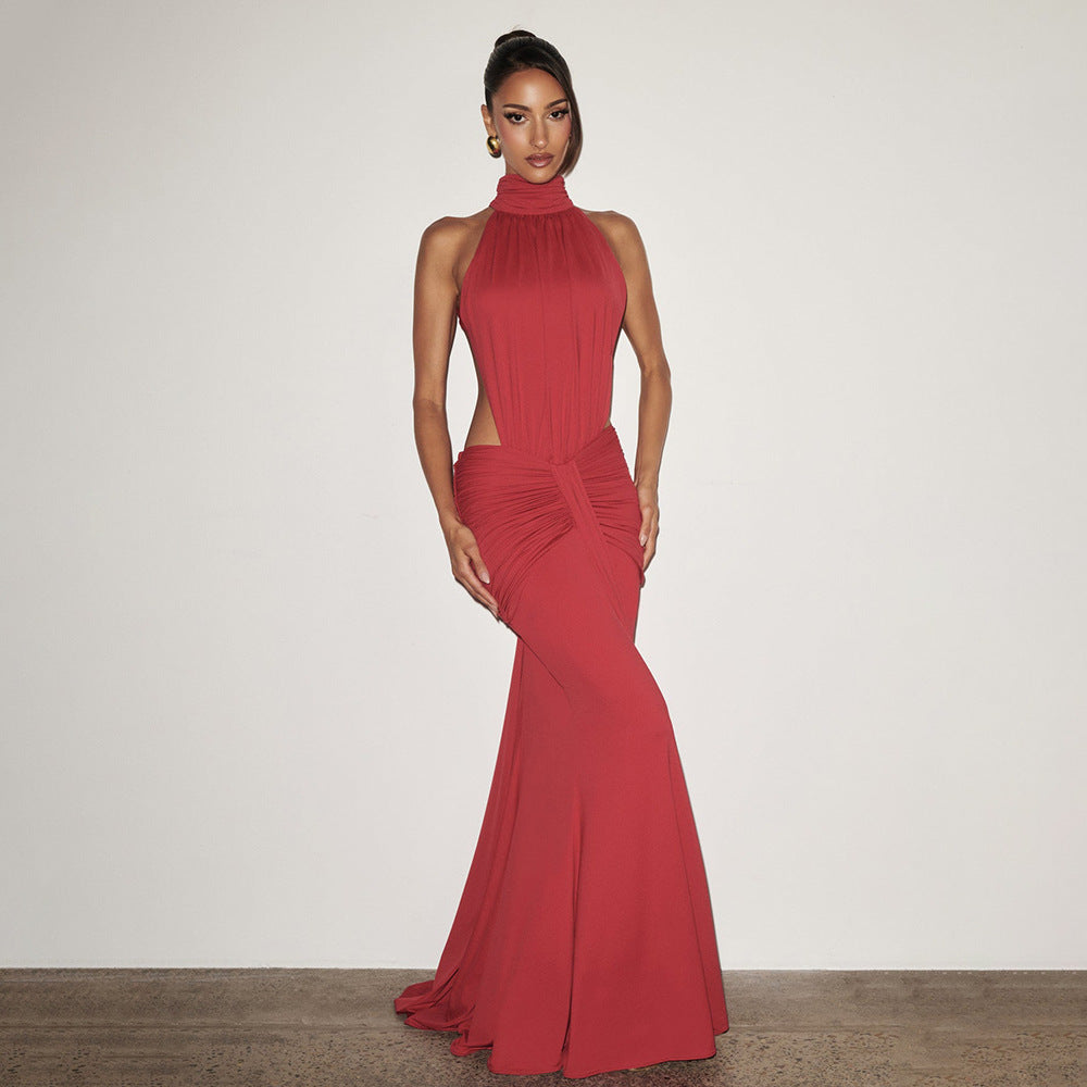 SUPERVALUECHOICE HCSEAB00001 Halter Neck Cutout Ruched Mermaid Maxi Dress