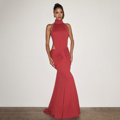 SUPERVALUECHOICE HCSEAB00001 Halter Neck Cutout Ruched Mermaid Maxi Dress