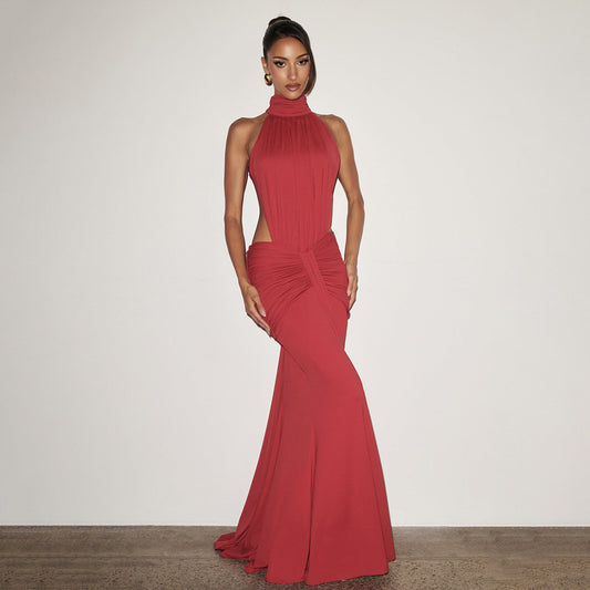 SUPERVALUECHOICE HCSEAB00001 Halter Neck Cutout Ruched Mermaid Maxi Dress