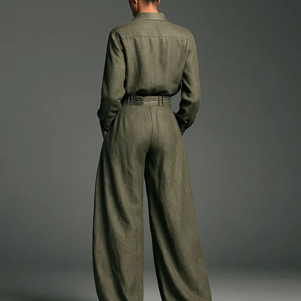 SUPERVALUECHOICE HCSEBB00003 Linen Blend Lapel Long-sleeved Casual Shirt and High-waist Pocket Loose Wide-leg Pants Set