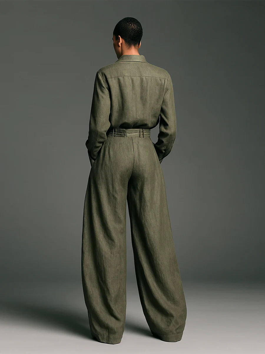 SUPERVALUECHOICE HCSEBB00003 Linen Blend Lapel Long-sleeved Casual Shirt and High-waist Pocket Loose Wide-leg Pants Set