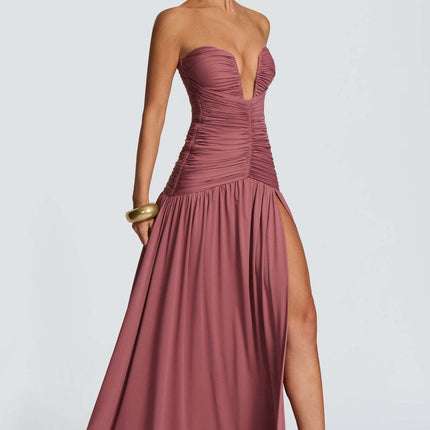SUPERVALUECHOICE HCSEAA00073 Women’s Strapless Ruched Backless Maxi Dress – Sexy High Slit Draped Evening Gown for Wedding Guest, Prom & Formal Party
