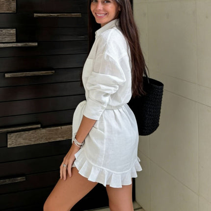 SUPERVALUECHOICE HCSEAA00043 Solid Color Collared Long-sleeved Casual Shirt Style Lace Up Vacation Mini Dress