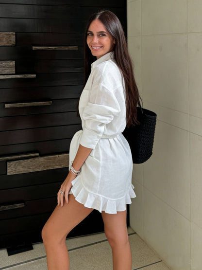 SUPERVALUECHOICE HCSEAA00043 Solid Color Collared Long-sleeved Casual Shirt Style Lace Up Vacation Mini Dress
