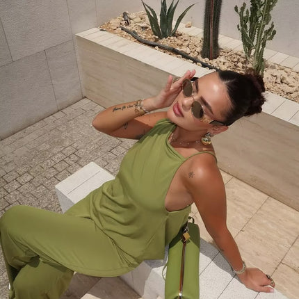 SUPERVALUECHOICE HCSEBB00028  GREEN ASYMMETRIC DRAPED TOP AND MATCHING TROUSERS Co Ord Set