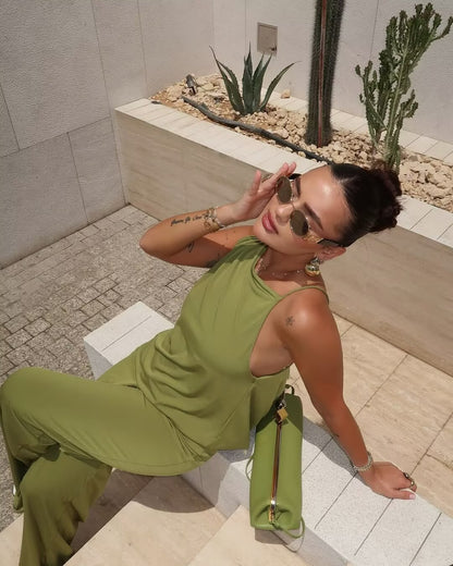 SUPERVALUECHOICE HCSEBB00028  GREEN ASYMMETRIC DRAPED TOP AND MATCHING TROUSERS Co Ord Set