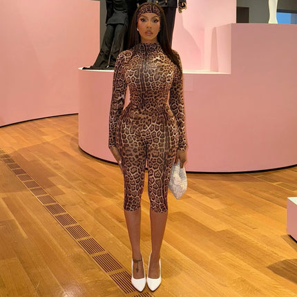SUPERVALUECHOICE HCSEJA00003 Leopard Print High Neck Long Sleeve Bodycon Capri Jumpsuit Women Sexy Night Out Mesh Jumpsuit