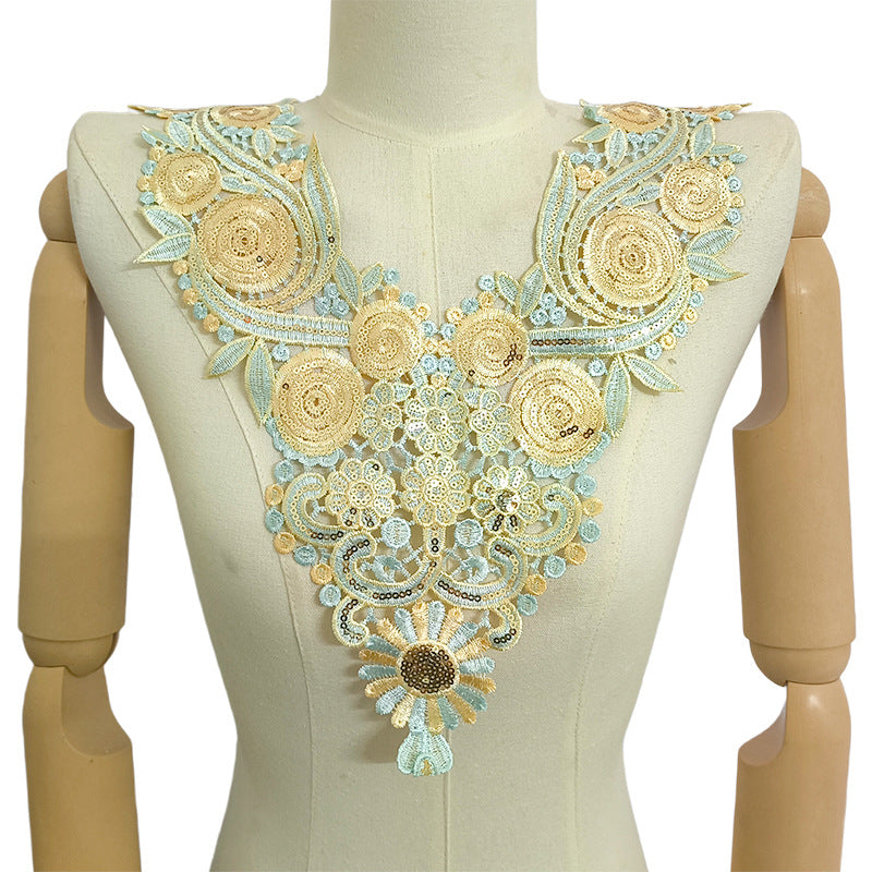 SUPERVALUECHOICE HCSEYB00093 Luxury Sparkly Sequin Floral V-Neck Guipure Lace Applique Rhinestone Accent Neck Trim for Wedding Formal Dress DIY Craft Supply 14.56'' X 17.32''