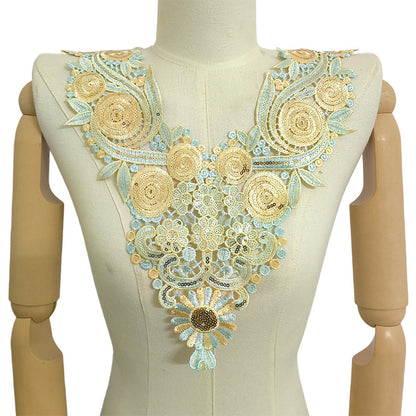 SUPERVALUECHOICE HCSEYB00093 Luxury Sparkly Sequin Floral V-Neck Guipure Lace Applique Rhinestone Accent Neck Trim for Wedding Formal Dress DIY Craft Supply 14.56'' X 17.32''