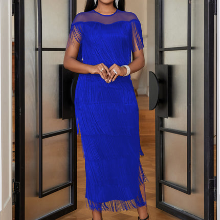 SUPERVALUECHOICE HCSEAA00079 Women's Mesh Illusion Neck Tiered Fringe Midi Dress, Formal Party Bodycon Cocktail Dress