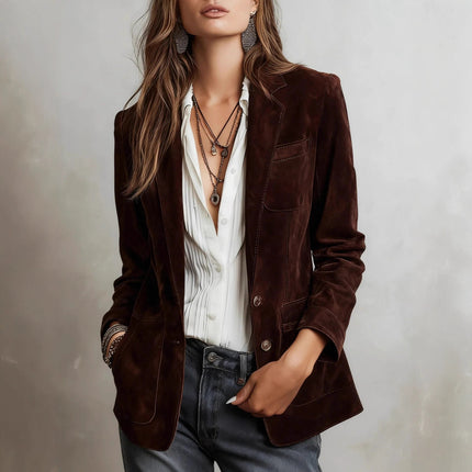SuperValueChoice HCSECF00001 Suede Blazer Jacket, Casual Long Sleeve Office Outerwear for Women