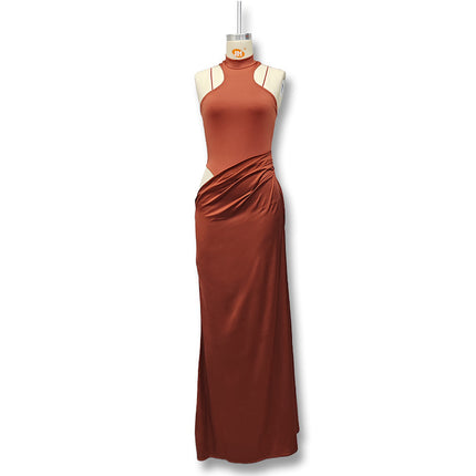 SUPERVALUECHOICE HCSEAA00074 Halter Cutout Satin Maxi Dress Elegant Formal Evening Party Gown for Women