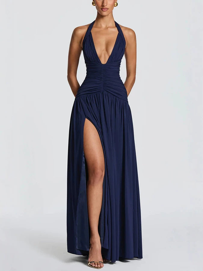 SUPERVALUECHOICE HCSEAA00016 Halter Neck Deep V Ruched Maxi Dress