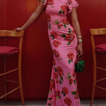SUPERVALUECHOICE HCSEAC00002 Cheongsam Style Rose Floral Print Tiered Flare Sleeve Stretch Maxi Dress
