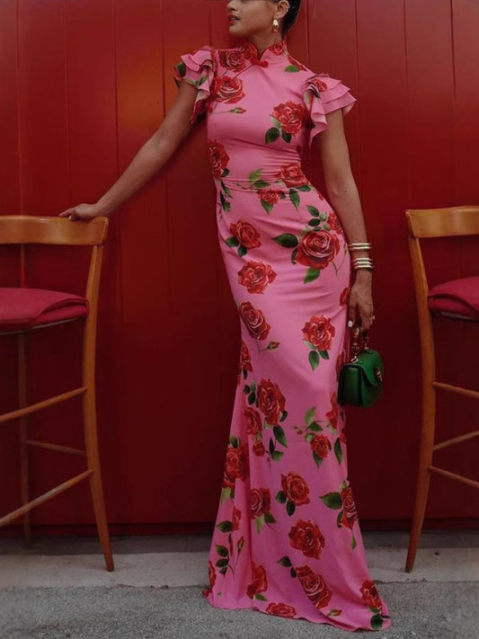SUPERVALUECHOICE HCSEAC00002 Cheongsam Style Rose Floral Print Tiered Flare Sleeve Stretch Maxi Dress