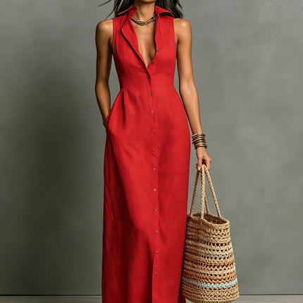 SUPERVALUECHOICE HCSEAA00036 Women's Minimalist  Collared Single-Breasted Sleeveless Maxi Shirt Dress