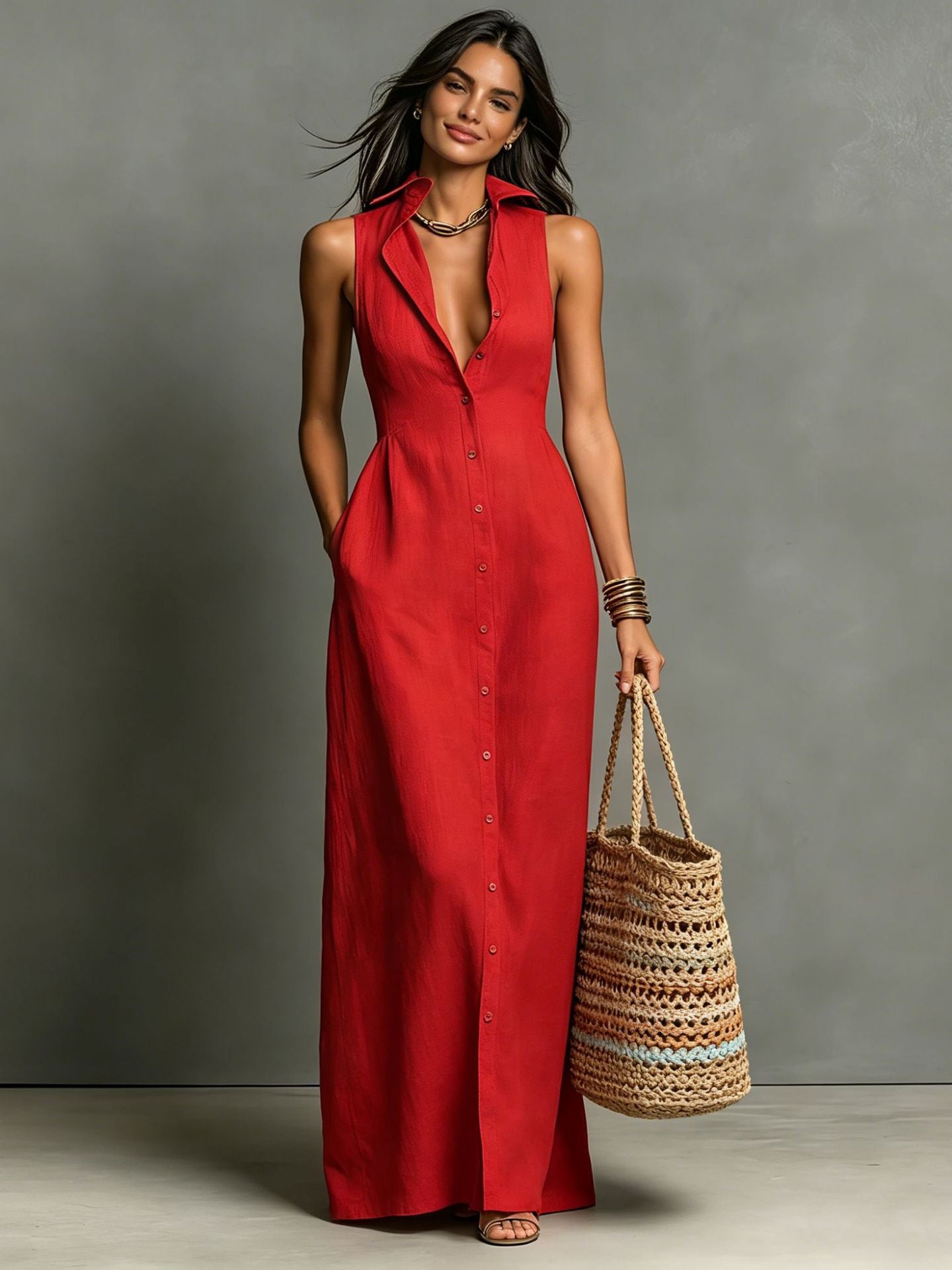 SUPERVALUECHOICE HCSEAA00036 Women's Minimalist  Collared Single-Breasted Sleeveless Maxi Shirt Dress