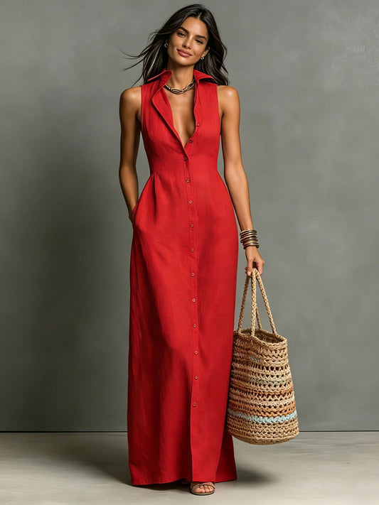 SUPERVALUECHOICE HCSEAA00036 Women's Minimalist  Collared Single-Breasted Sleeveless Maxi Shirt Dress