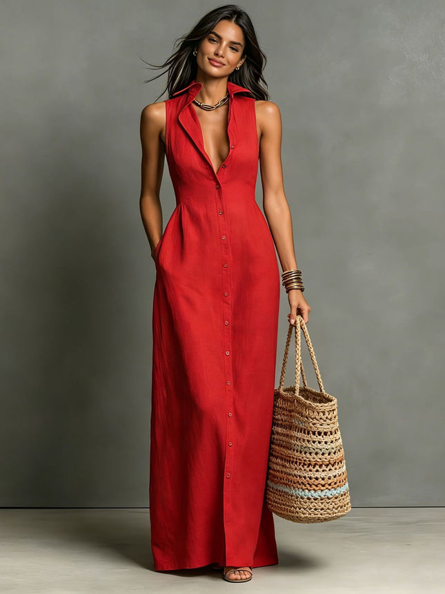 SUPERVALUECHOICE HCSEAA00036 Women's Minimalist  Collared Single-Breasted Sleeveless Maxi Shirt Dress