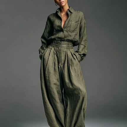 SUPERVALUECHOICE HCSEBB00003 Linen Blend Lapel Long-sleeved Casual Shirt and High-waist Pocket Loose Wide-leg Pants Set