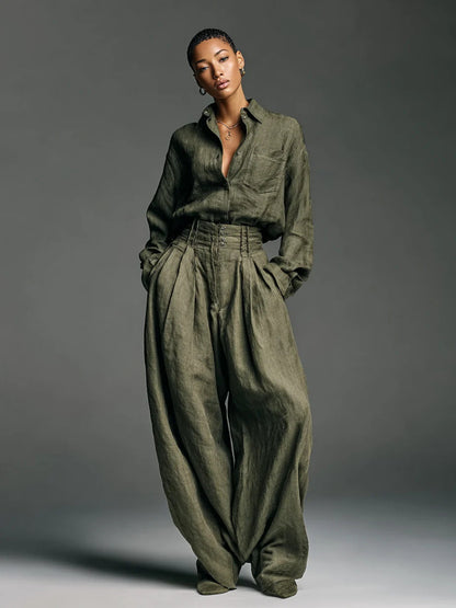 SUPERVALUECHOICE HCSEBB00003 Linen Blend Lapel Long-sleeved Casual Shirt and High-waist Pocket Loose Wide-leg Pants Set