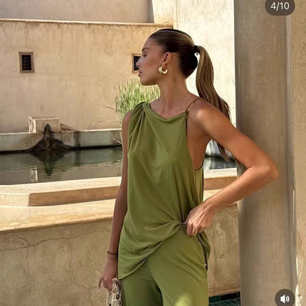 SUPERVALUECHOICE HCSEBB00028  GREEN ASYMMETRIC DRAPED TOP AND MATCHING TROUSERS Co Ord Set