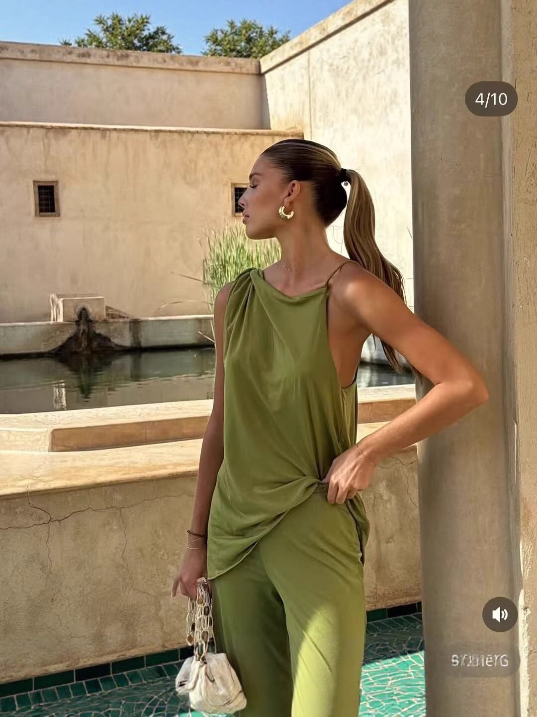 SUPERVALUECHOICE HCSEBB00028  GREEN ASYMMETRIC DRAPED TOP AND MATCHING TROUSERS Co Ord Set