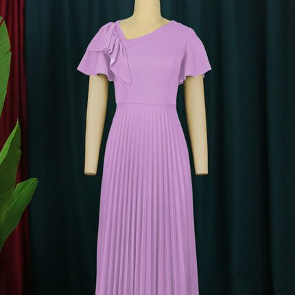 SUPERVALUECHOICE HCSEAA00081 Women's Short Sleeve Asymmetrical Ruffles High Waist Pleated Hem Midi Spring Dress