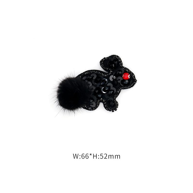 SUPÊR VÃLUE CHOICE  HCSEYD00012 Black Animal Sequin Rhinestone Applique Fluffy Fur Pom Pom Cat Rabbit Mouse Sew On Patch for Jacket Jeans Bag DIY Decor