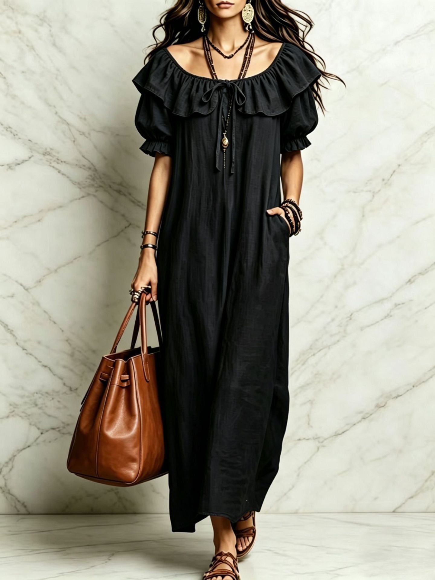 SUPERVALUECHOICE HCSEAA00049 Ruffled Off-the-Shoulder Maxi Dress