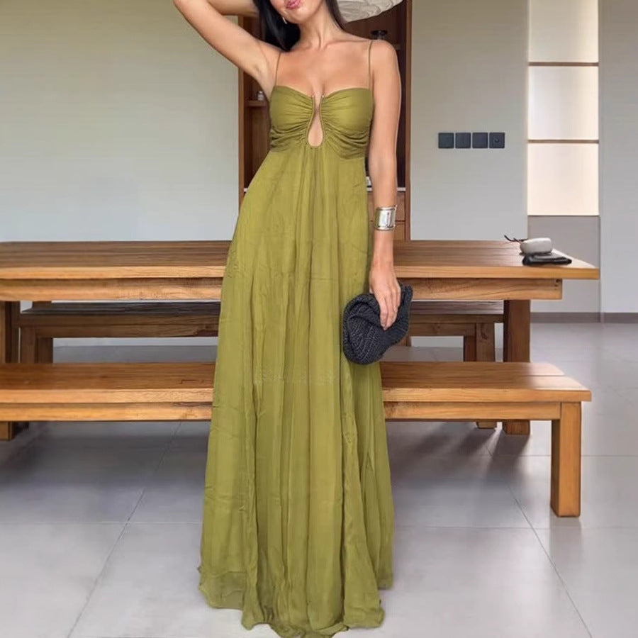 SUPERVALUECHOICE HCSEAA00018 Soft and Elegant Metal Hollow Design Back Smocked A-line Slip Maxi Dress