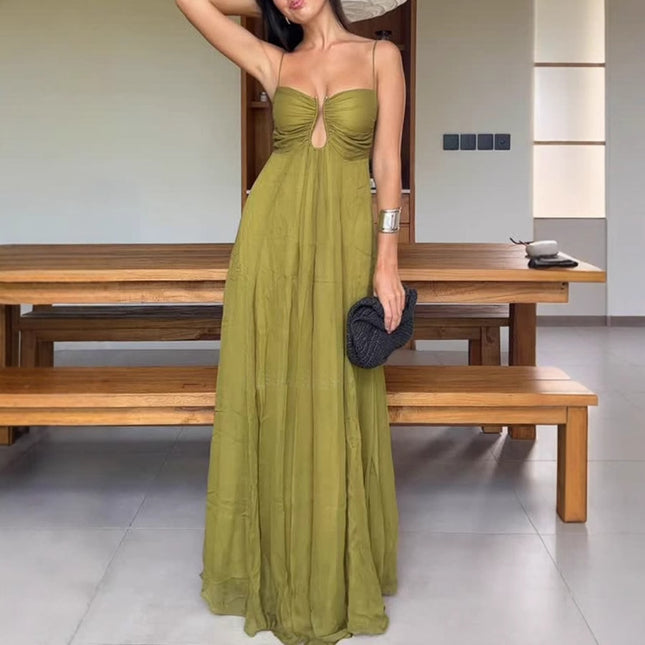 SUPERVALUECHOICE HCSEAA00018 Soft and Elegant Metal Hollow Design Back Smocked A-line Slip Maxi Dress