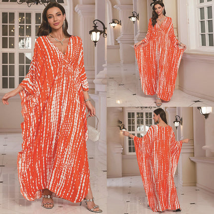 SUPERVALUECHOICE HCSEAD00010 Oversized Kaftan Maxi Dress, V‑Neck Batwing Sleeve Loose Long Caftan, Bohemian Beach Cover‑Up for Women, Plus Size Friendly