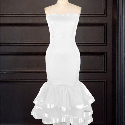 SUPERVALUECHOICE HCSEAB00013 Strapless Mermaid Midi Dress, Ruffled Tulle Hem Satin Party Dress