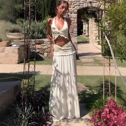 SUPERVALUECHOICE HCSEAA00005 Halter Neck Crop Top & Tiered Maxi Skirt Two-Piece Set