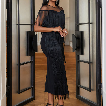 SUPERVALUECHOICE HCSEAA00079 Women's Mesh Illusion Neck Tiered Fringe Midi Dress, Formal Party Bodycon Cocktail Dress
