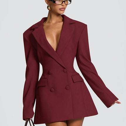 SUPERVALUECHOICE HCSEAC00025 Women Solid Blazer Dress Deep V Neck Design Waist Slim Fake Pocket Elegant Commuter Midi Dress