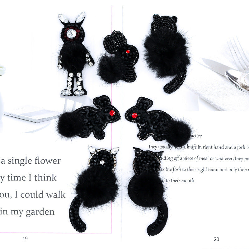SUPÊR VÃLUE CHOICE  HCSEYD00012 Black Animal Sequin Rhinestone Applique Fluffy Fur Pom Pom Cat Rabbit Mouse Sew On Patch for Jacket Jeans Bag DIY Decor
