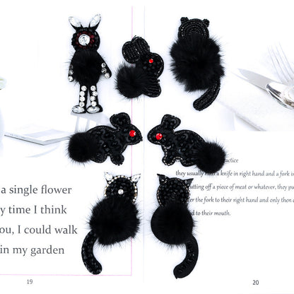 SUPÊR VÃLUE CHOICE  HCSEYD00012 Black Animal Sequin Rhinestone Applique Fluffy Fur Pom Pom Cat Rabbit Mouse Sew On Patch for Jacket Jeans Bag DIY Decor
