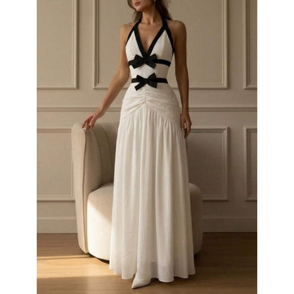 SUPERVALUECHOICE HCSEAA00023 Halter Neck Bow-Contrast Chiffon Maxi Dress