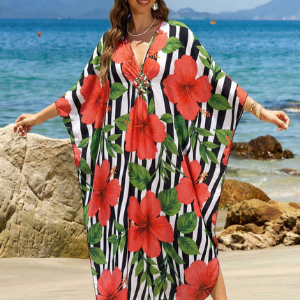SUPERVALUECHOICE HCSEAD00007 Oversized Kaftan Maxi Dress, V‑Neck Batwing Sleeve Loose Long Caftan, Bohemian Beach Cover‑Up for Women, Plus Size Friendly