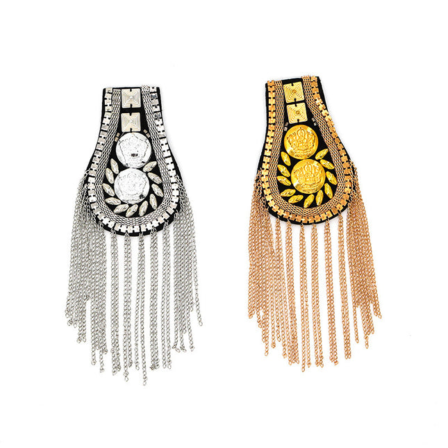 SUPÊR VÃLUE CHOICE  HCSEYD00009 Gold Silver Metal Chain Tassel Epaulet Patch Coin Beaded Fringe Shoulder Applique for Jacket Costume DIY Decor