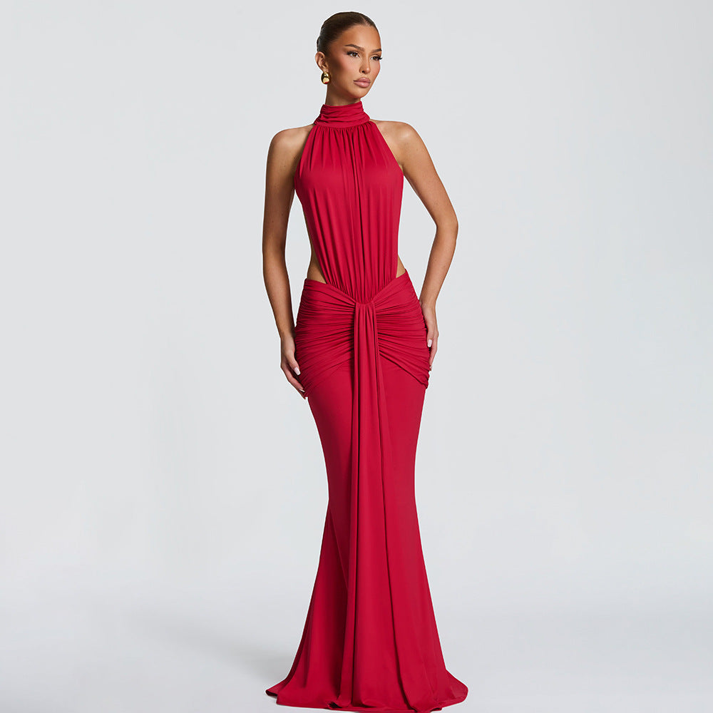 SUPERVALUECHOICE HCSEAB00001 Halter Neck Cutout Ruched Mermaid Maxi Dress