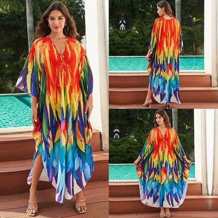 SUPERVALUECHOICE HCSEAD00004 Oversized Kaftan Maxi Dress, V‑Neck Batwing Sleeve Loose Long Caftan, Bohemian Beach Cover‑Up for Women, Plus Size Friendly