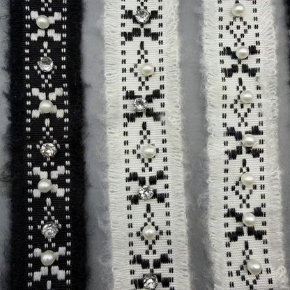 SuperValueChoice HCSEOA00006 Pearl Rhinestone Fringed Tweed Lace Trim Gold Thread Woven Ribbon for Coat Dress DIY Sewing Craft Decor,1.18in width