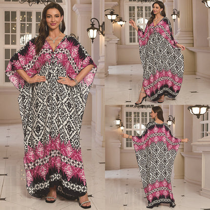 SUPERVALUECHOICE HCSEAD00010 Oversized Kaftan Maxi Dress, V‑Neck Batwing Sleeve Loose Long Caftan, Bohemian Beach Cover‑Up for Women, Plus Size Friendly